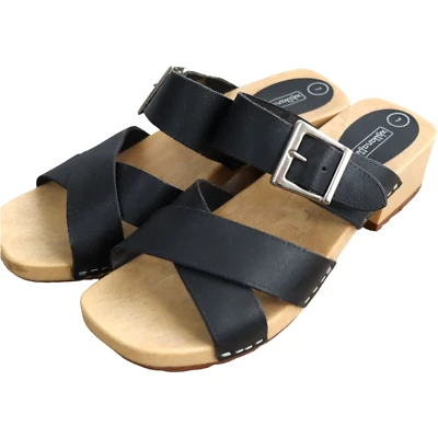 Vintage Xhilaration Womens Size 7 Black Sandals Faux Wood Block Heel Buckle - Image 1 of 4