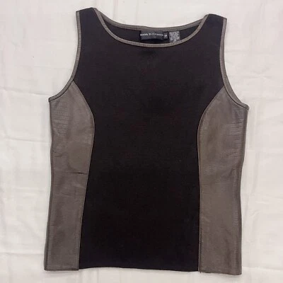 Colete Suéter Dana Buchman Marrom Extra Fino Lã Merino e Couro Sem Mangas Tamanho P - Imagem 1 de 4