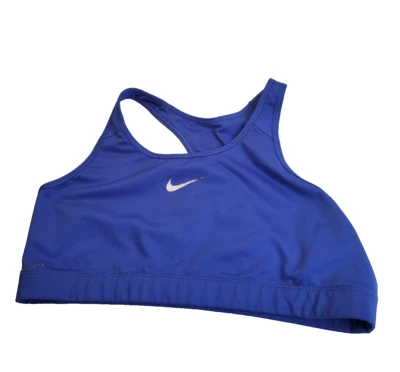 Sujetador deportivo Nike Dri-Fit azul blanco logotipo Swoosh ocio sin cables talla mediana Foto 1 de 4