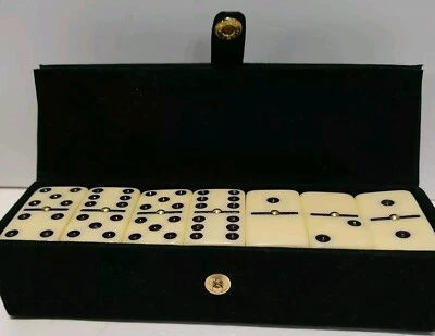 Double Six Dominoes 28 Tiles Cardboard Green Velvet Case 6 X 2 X 1.5 In. - Image 1 of 4