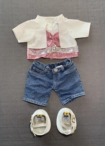 Build A Bear Mädchen Jacke Pailletten Gürtel Oberteil Denim Jeans weiß Kleid Schuhe Outfit - Bild 1 von 12