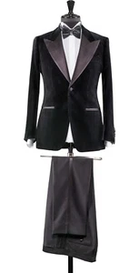 Men Black Suits Designer Grooms Wedding Tuxedo Velvet Dinner Suits (Coat+Pant) - Picture 1 of 2