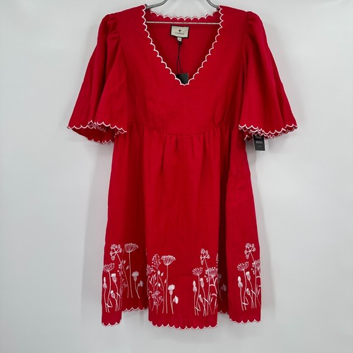 VALENTINO Mini abito Tuckernuck rosso scarlatto ricamato Britton taglia XS lino orlo smerlato *