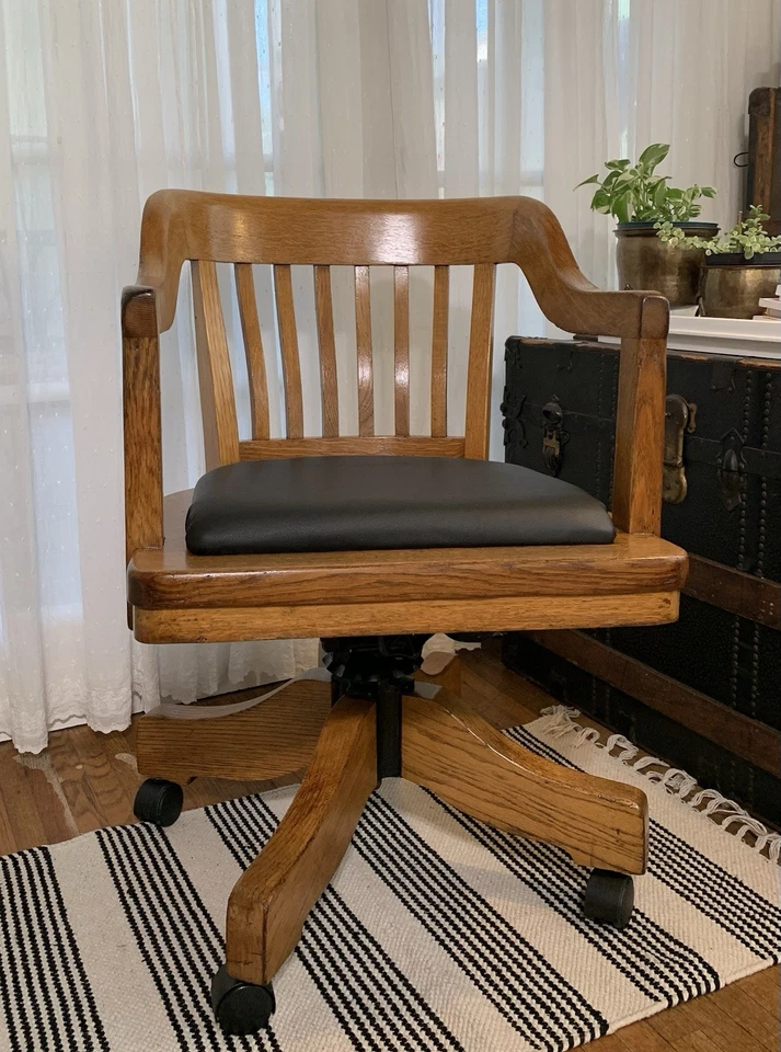 vintage TIGER OAK swivel tilt adjustable rolling banker/lawyer/office ARMCHAIR - Image 1 of 4