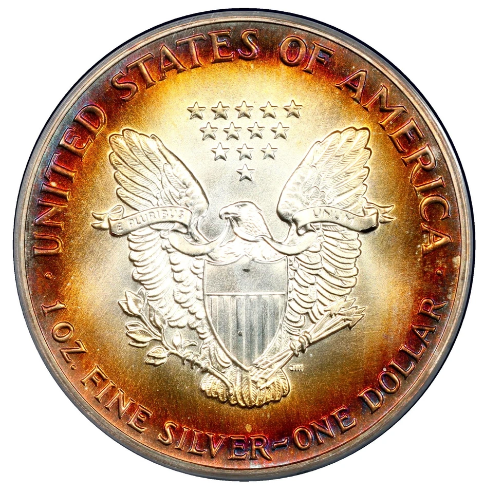 PCGS MS 68 1987 arco iris doble cara color tonificado Silver Eagle bonito Foto 1 de 4