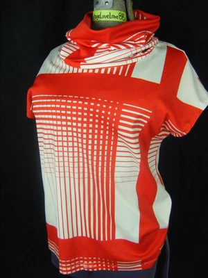 Vintage 60-70s Red White High Neck Collar Mod Printed Knit Top-Bust 35/2XS-XS - Image 1 of 4