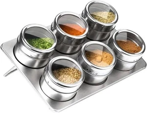 6 Jar Spice Rack Magnetic Rust Resistant Stainless Steel with Oblong Tray Holder - Picture 1 of 4