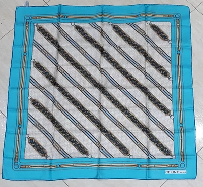 Bufanda Vintage CELINE Paris Ecuestre Aqua Azul Beige Caramelo Sarga Seda 29" Foto 1 de 4
