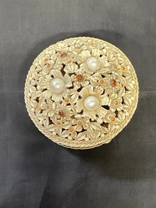 Trinket Vanity Jewelry Box Filigree Pearl And Stone Details Round - Picture 1 of 6