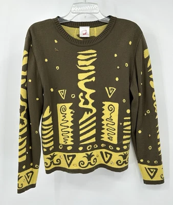 Y2K MONDI sweater cotton knit geometric print crewneck pullover retro US M 40 - Image 1 of 4