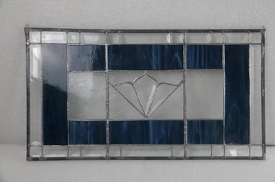 ANTIQUE GEOMETRIC RAISED BEVELED CUT GLASS STAINED GLASS WINDOW BLUE AND CLEAR - Image 1 of 4