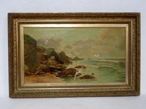 Antique 1893 Somerset Cove England Coastal Oil on Canvas Painting Signed Framed - Picture 1 of 19