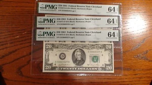 THREE CONSECUTIVE 1981 PMG CHOICE UNC 64 EPQ TWENTY DOLLAR CLEVELAND NOTES BILLS - Picture 1 of 5