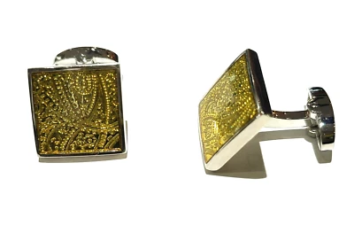 Запонки для рубашек Enzone серебристые Tn желтая эмаль для травления пейсли - Изображение 1 из 2