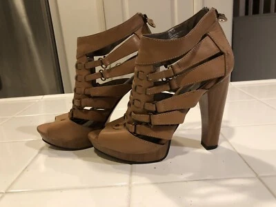 Mia Natural Tan Real Leather Bootie Platform Sandals Wooden Heels Sexy 8.5 - Image 1 of 4