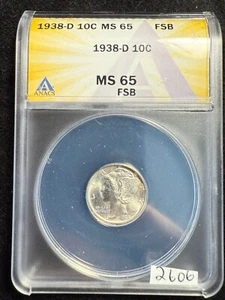 1938-D Mercury Dime 10c ANACS MS65 FSB White Frosty Luster Full Split Bands 2606 - Picture 1 of 4