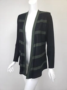 EXCLUSIVELY MISOOK Black Olive Green Stripe Acrylic Knit Open Front Jacket sz XS - Picture 1 of 4