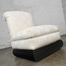 Late 20th Art Deco Revival Off White Slipper Chair Rolled Back & Black Base