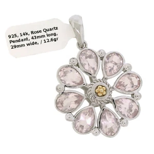 RCI 925 Sterling Silver & 14K Yellow Gold Rose Quartz Flower Pendant - Picture 1 of 3