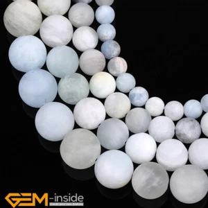 Blue Aquamarine Natural Gemstone Matt Frosted Round Beads for Jewelry Making 15" - Picture 1 of 33