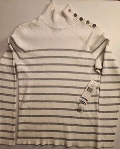 Lauren Ralph Lauren White W/Silver Stripe Mock Neck Silver Logo Button Sweater L - Picture 1 of 9