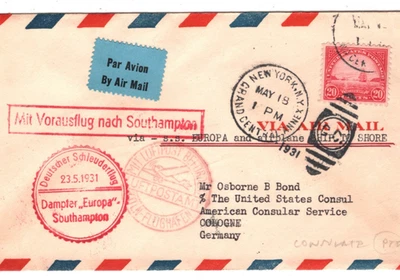 USA Air Mail 1931 Card CATAPULT MAIL *Europa* Germany Cologne US CONSULATE KZ372 - Image 1 of 4