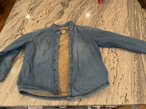 LL Bean Button Jacket Men's L Blue Denim Sherpa Fleece Lined Shacket Outdoors - Picture 1 of 7