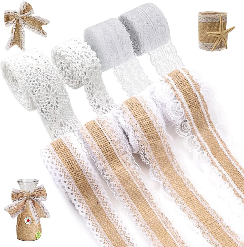 Jute Band mit Spitze 8 Rollen Naturband Selbstklebend Hochzeit Deko - Bild 1 von 4