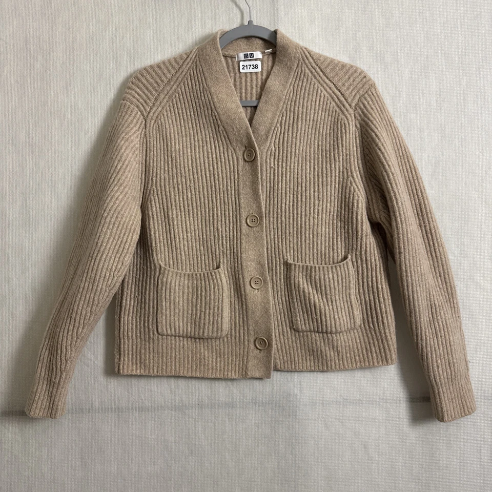 Кардиган Uniqlo U женский размер большой бежевый премиум шерсть ягненка ребристый с длинным рукавом - Изображение 1 из 4