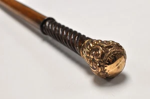 Antique Wood Walking Stick Cane Ornate Gold Plated Brass Knob Carved Handle 34" - Picture 1 of 14