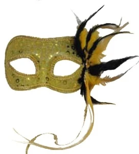 GOLD VENETIAN STYLE MARDI GRAS MASQUERADE MASK w/ RIBBONS, FEATHERS & RHINESTONE - Picture 1 of 1