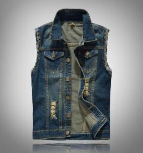 Men's Retro Blue Ripped Button Punk Hip Hop Sleeveless Waistcoat Vest Coat New