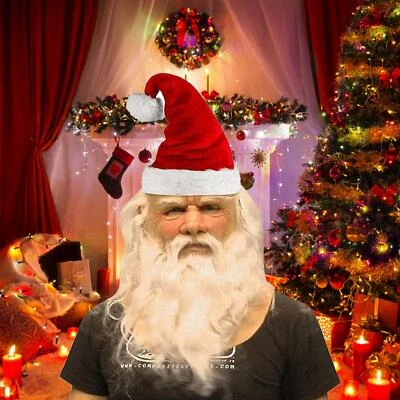 Copricapo in lattice natalizio anziano vecchio Babbo Natale maschera viso realistica e cappello NUOVO - Immagine 1 di 4