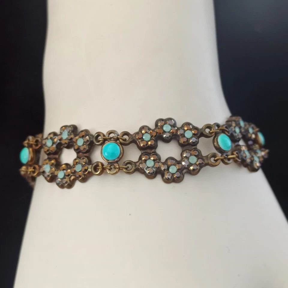 Michal Negrin Bracelet Turquoise Dainty Flowers Wide With Swarovski Crystals VTG - Image 1 of 4