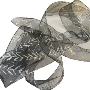 Black with Silver Leaf Wired Edge Organza Ribbon,Christmas,Wreaths,Bows.2 YARDS - Picture 1 of 3