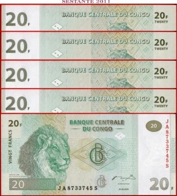 CONGO 20 FRANCS 2003 Printed G&D Serie JA Lot of 5 notes P 94A UNC - Image 1 of 3