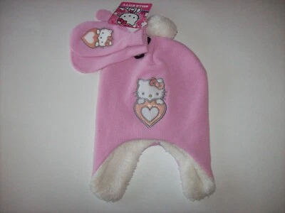 Hello Kitty Hat Mitten Set 2pc Girls Cold Weather Pink Heart New - Image 1 of 3