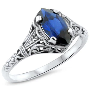 925 STERLING SILVER DECO ANTIQUE STYLE LAB-CREATED SAPPHIRE FILIGREE RING 797X - Picture 1 of 5