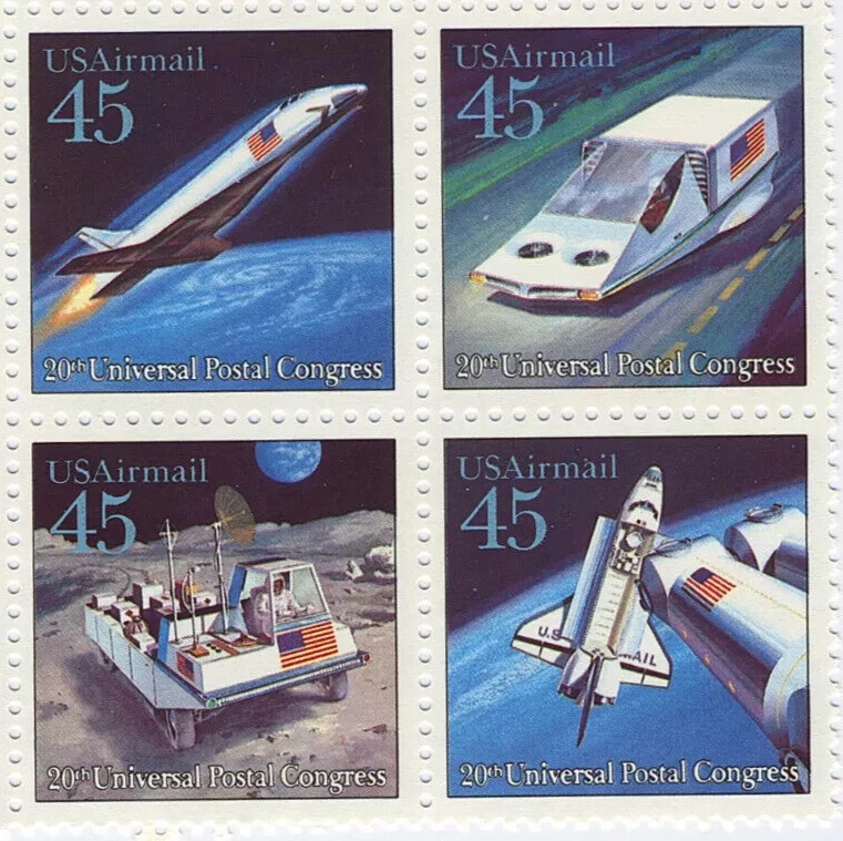 US Airmail 20th UPU Congress Futuristic Mail Delivery 45c Block #C125a - Image 1 of 1