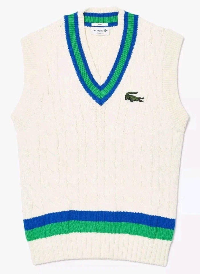 LACOSTE Unisex Cable Knit Wool Vest V-neckline White Sweaters Sweatshirts  - Image 1 of 4