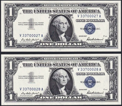USPC TWO (X2) FR 1619 $1 1957 SILVER CERTIFICATES, UNC (GEM) WITH SEQ SERIAL#'s - Image 1 of 4