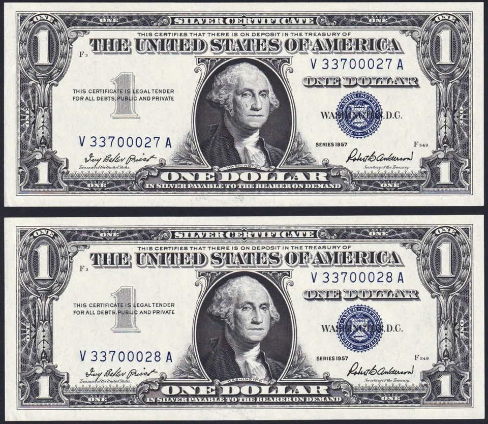 USPC TWO (X2) FR 1619 $1 1957 SILVER CERTIFICATES, UNC (GEM) WITH SEQ SERIAL#'s - Image 1 of 4