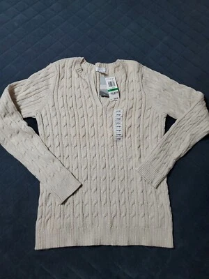 Nuevo con etiquetas Suéter Metálico Dorado/Crema Tejido con Cable L Para Mujer Cuello en V Charter Club Fiesta Foto 1 de 4