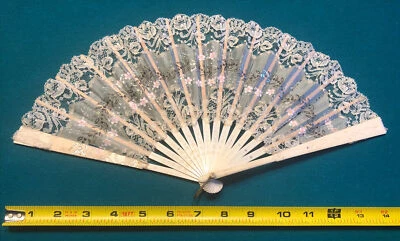 Antique Victorian Hand Fan 14" Pleated Lace 15 Wood Spindles Hand Painted - Image 1 of 4