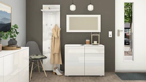 Garderobenset 3-teilig Kommode Spiegel Paneel Weiß Hochglanz Schwarz ROVA - Bild 1 von 16