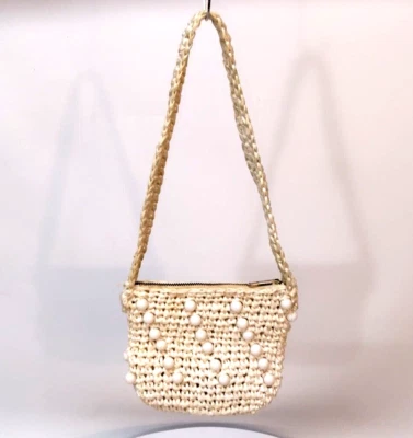 Vtg Crochet Knitted Purse w/ Faux Pearls Beads Shoulder Bag Zipper - Image 1 of 4
