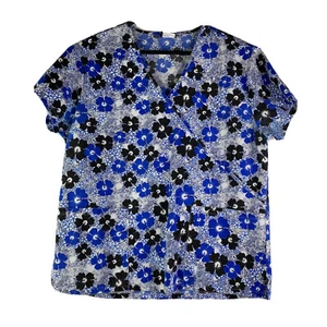 Womens Scrub Top Absolute Black Blue Floral Pattern Size Small - Picture 1 of 6