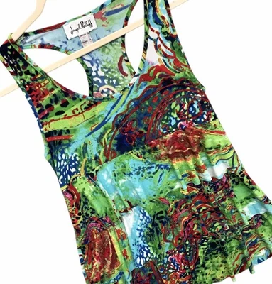 Joseph Ribkoff Tiered Ruffle Tank Top Racer Back Artsy Abstract Colorful Sz 8 Foto 1 de 4