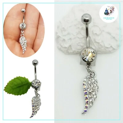 Piercing da ombelico in acciaio banana gioiello argento ala di angelo bianco - Immagine 1 di 4