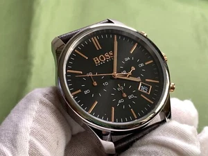 Hugo Boss 1513448 Chronograph Date Black Dial Leather 5 Atm Quartz Men's Watch - Picture 1 of 18